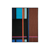 Front view of Blue Tide Night RE015 blue, black, brown, and red geometric textile wall art in a sleek frame on a white background.