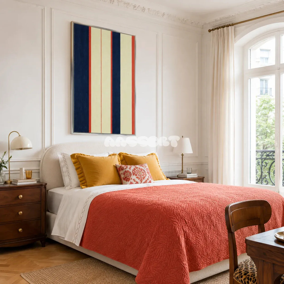 Twilight Rush RE016 blue geometric textile wall art styled as a dynamic focal point in a contemporary room.