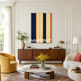 Twilight Rush RE016 framed fiber artwork featuring deep navy and blue blocks with sharp red and yellow yarn lines in a modern interior.