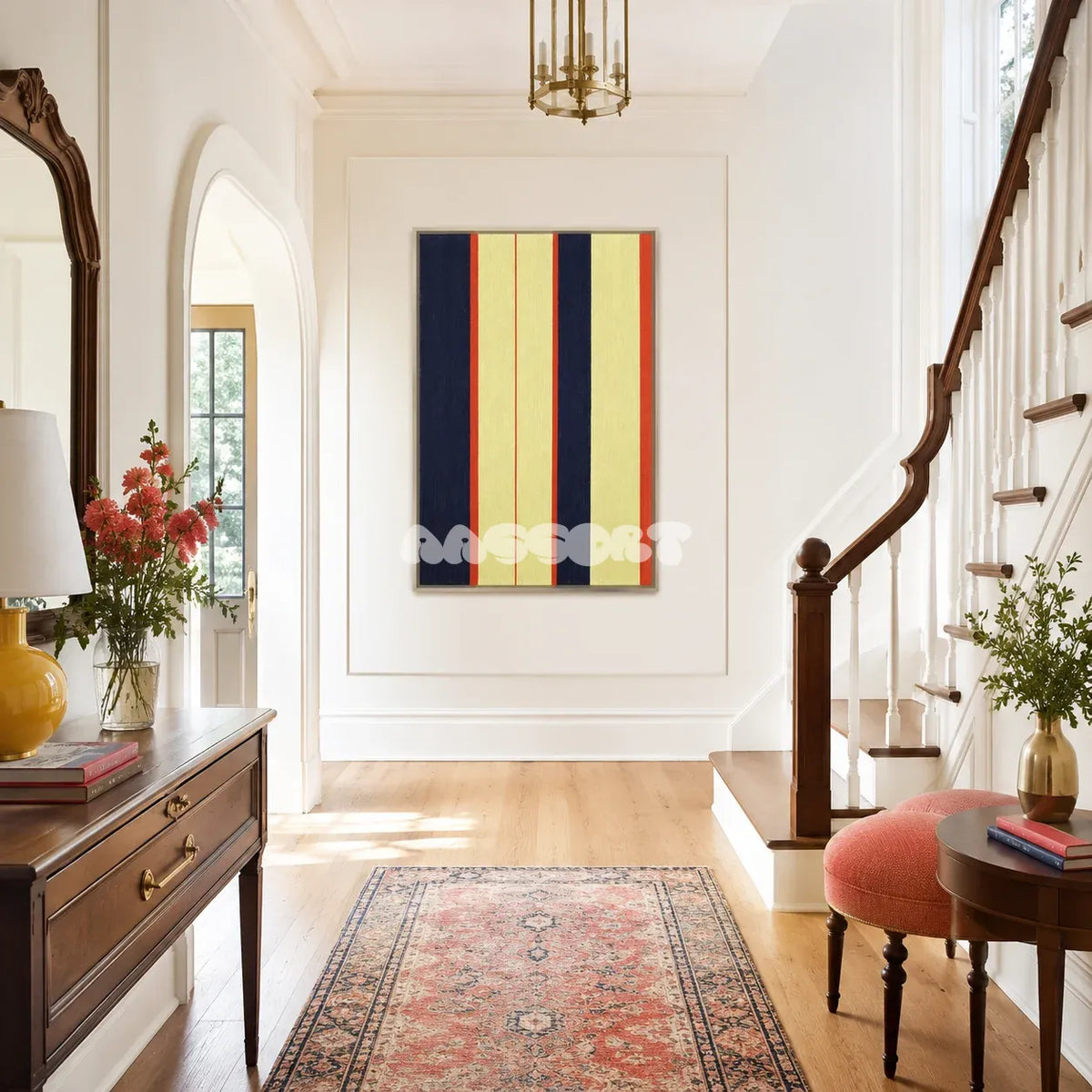 Twilight Rush RE016 abstract textile artwork with energetic primary-color lines presented in a stylish contemporary interior.