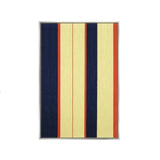 Front view of Twilight Rush RE016 navy, blue, red, and yellow geometric textile wall art in a sleek frame on a white background.