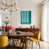 Endless Summer in Hawaii RE017 framed fiber artwork featuring seafoam, royal blue, and forest green yarn blocks in a modern interior.