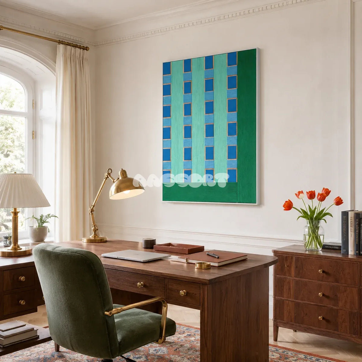 Endless Summer in Hawaii RE017 abstract textile artwork with a structured tropical grid presented in a stylish contemporary interior.