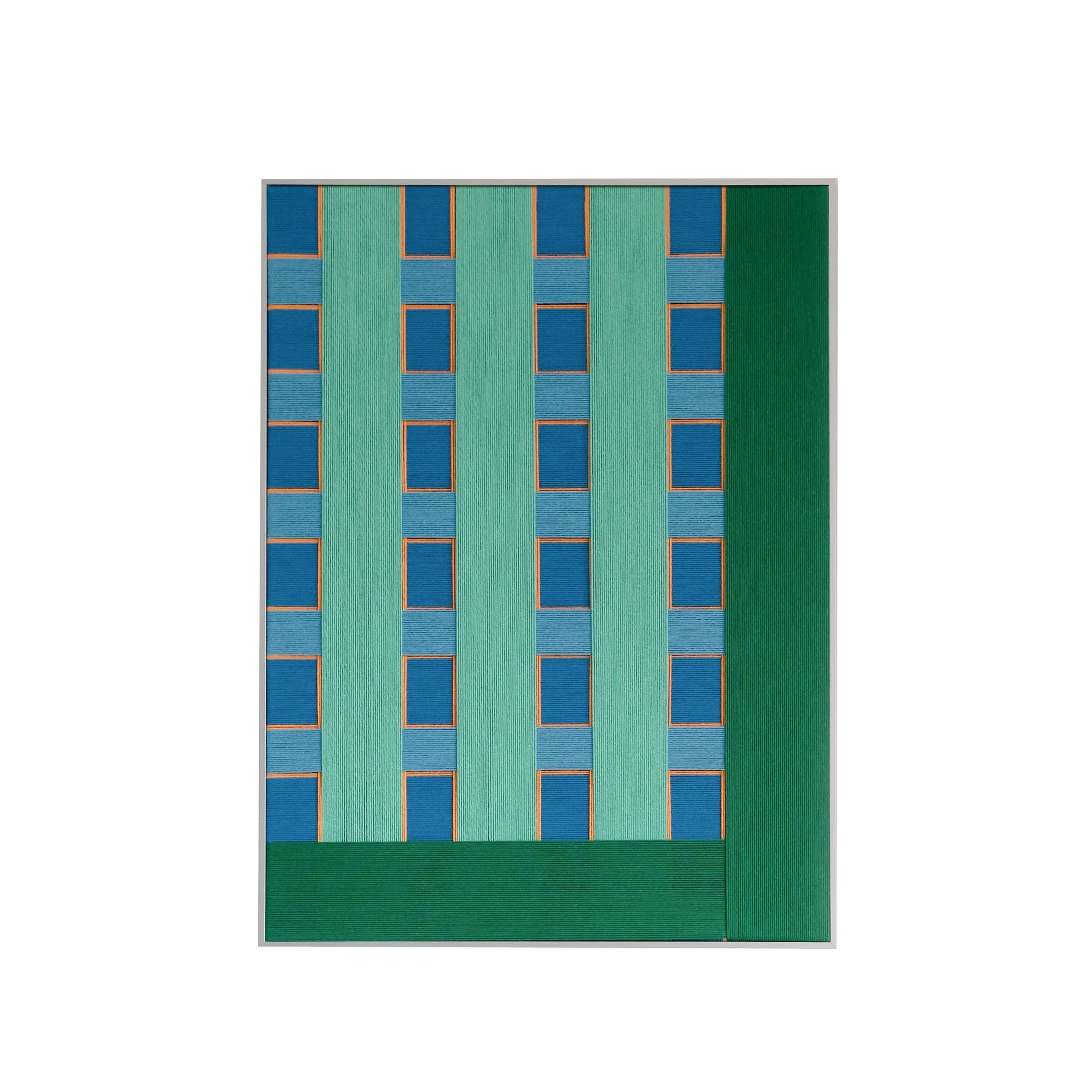 Front view of Endless Summer in Hawaii RE017 green and blue geometric textile wall art in a sleek frame on a white background.