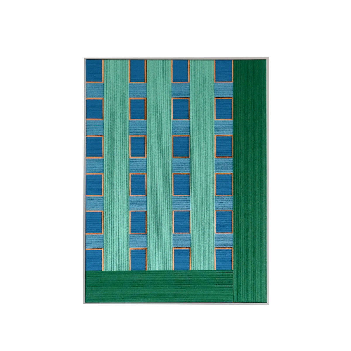 Front view of Endless Summer in Hawaii RE017 green and blue geometric textile wall art in a sleek frame on a white background.
