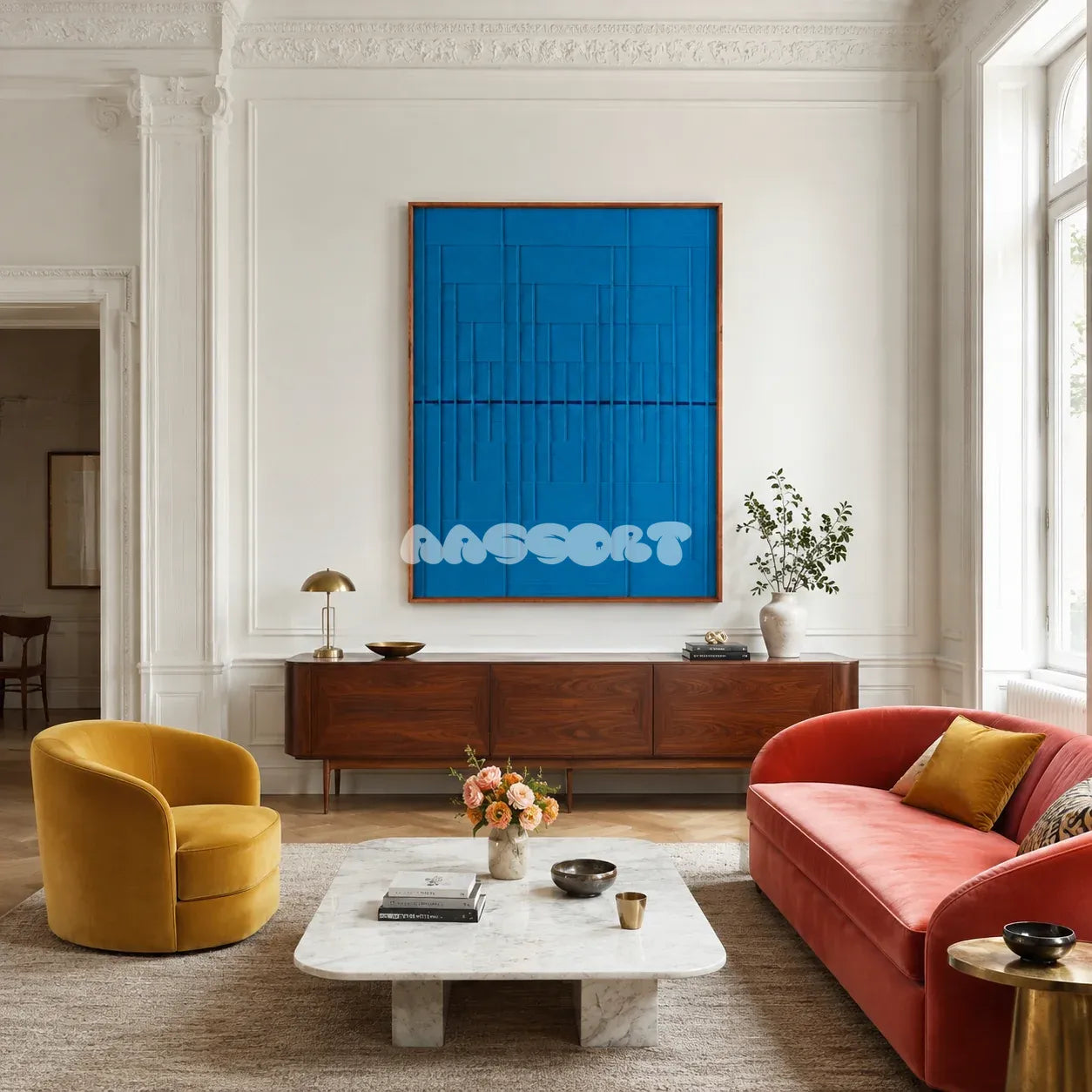 Submersion RE018 framed cerulean blue textile art with a raised architectural yarn grid displayed in a modern interior.