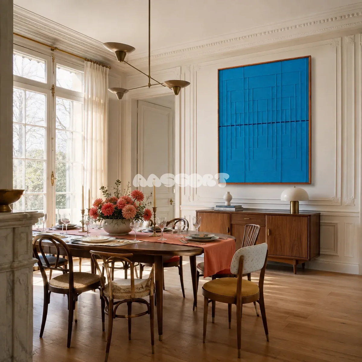 Submersion RE018 monochromatic blue textile wall art styled as a calming architectural focal point in a contemporary room.