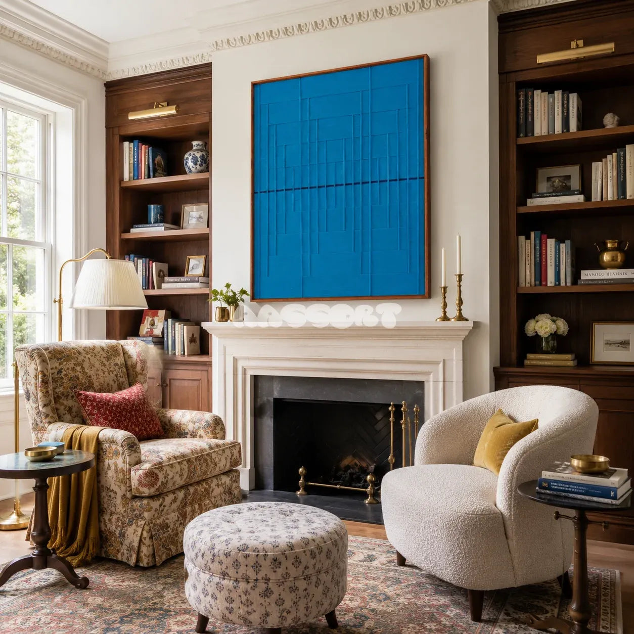 Submersion RE018 framed fiber artwork featuring a vivid blue relief grid displayed in a refined modern interior.
