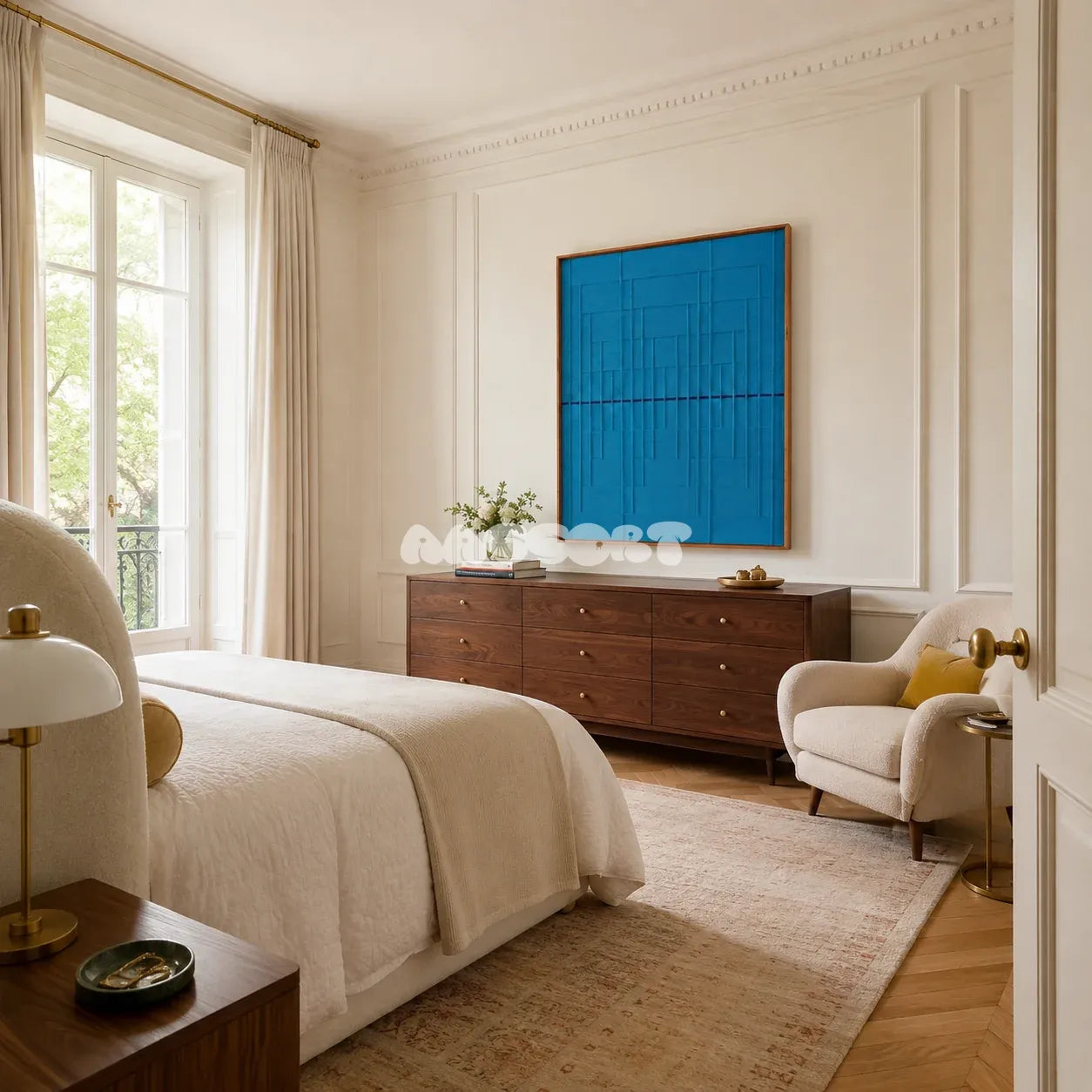 Submersion RE018 soft cotton cord wall art displayed in a peaceful home setting with a monochromatic blue palette.