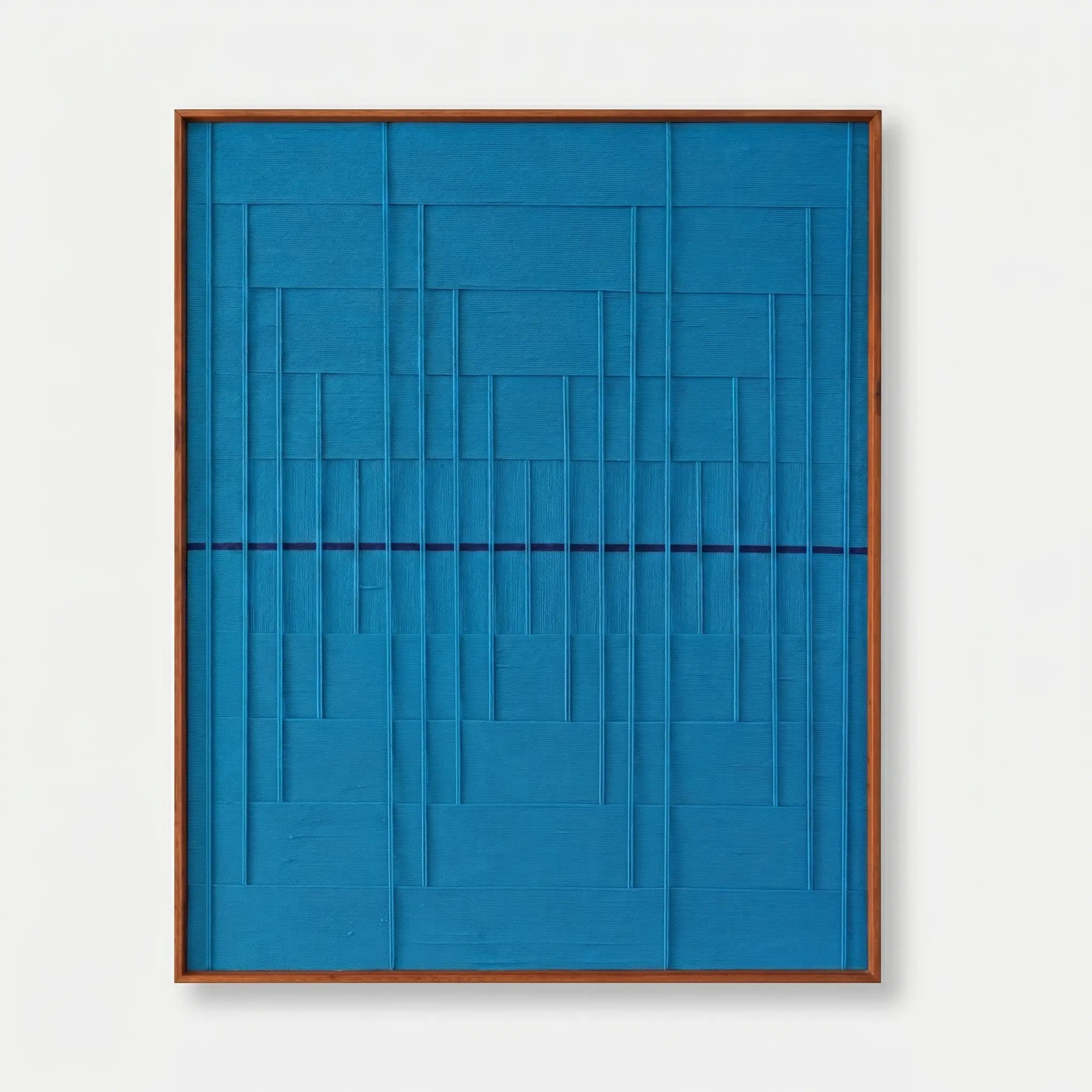 Front view of Submersion RE018 monochromatic cerulean blue textile wall art in a sleek frame on a white background.