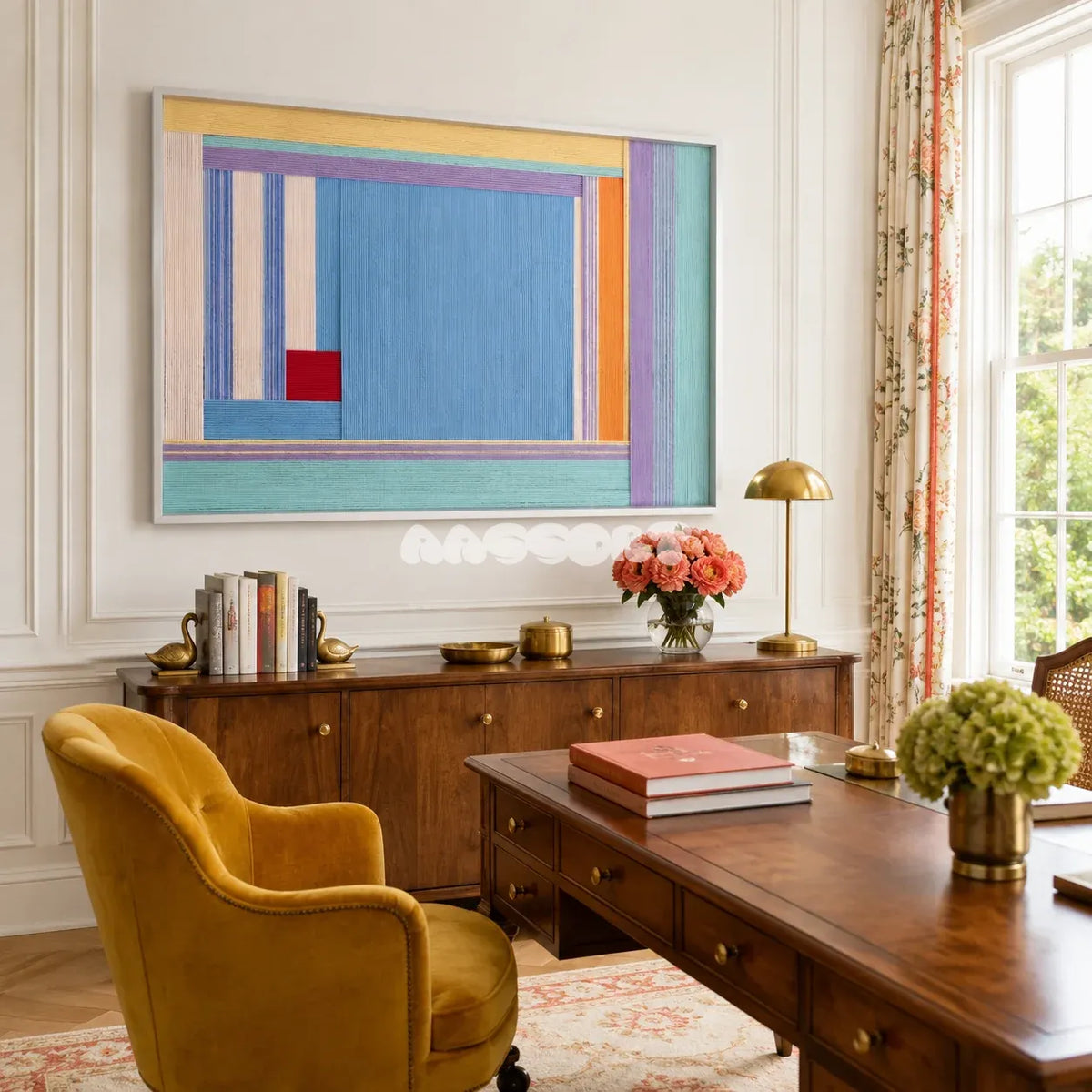 Summer Letter RE019 colorful coastal textile wall art styled as a cheerful focal point in a contemporary room.