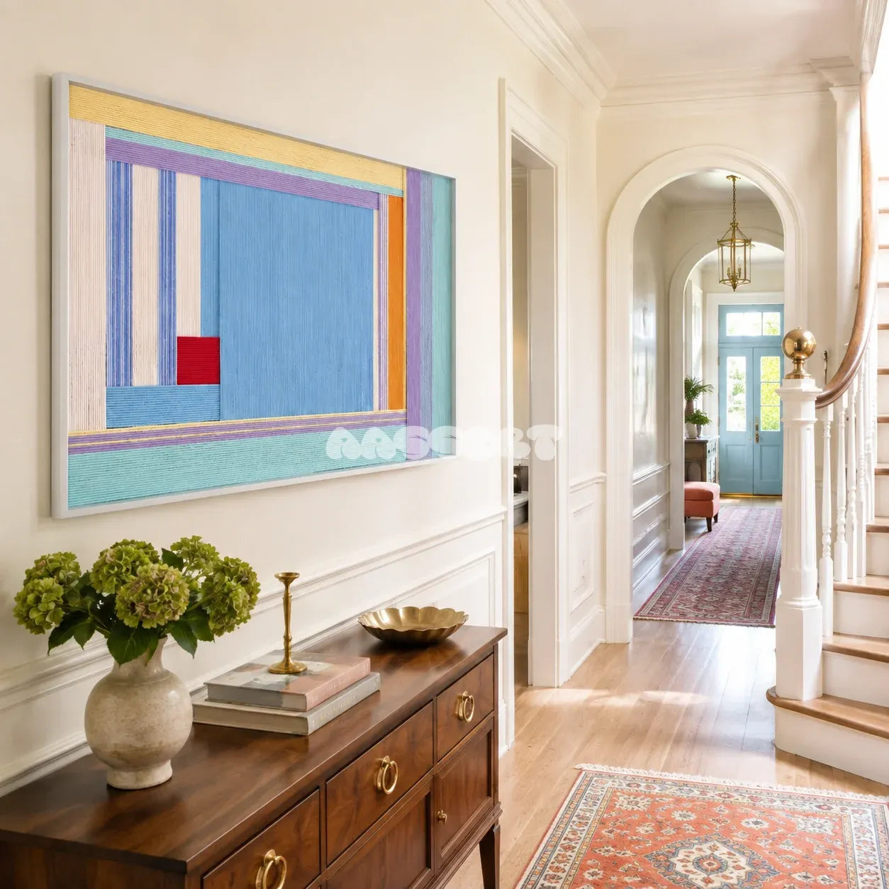 Summer Letter RE019 framed fiber artwork featuring a blue center, multicolor linear bands, and a bold red square in a modern interior.