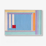 Front view of Summer Letter RE019 colorful geometric textile wall art in a clean white frame on a plain background.