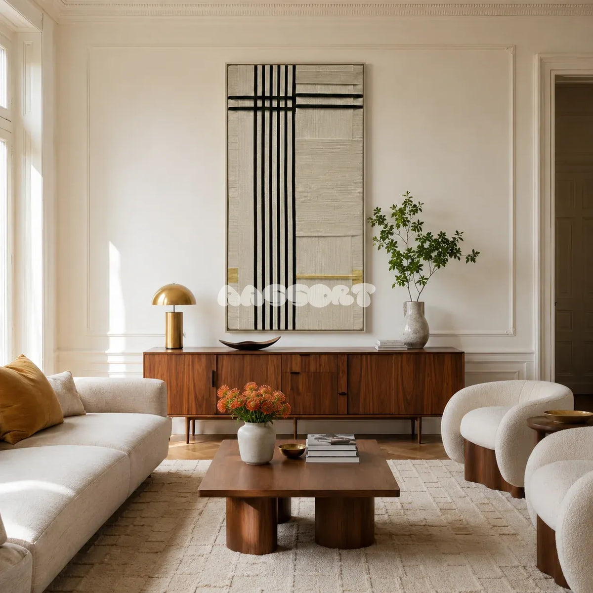The Monologue RE020 framed textile art with black linear bands, layered cream yarn, and a golden accent displayed in a minimalist interior.