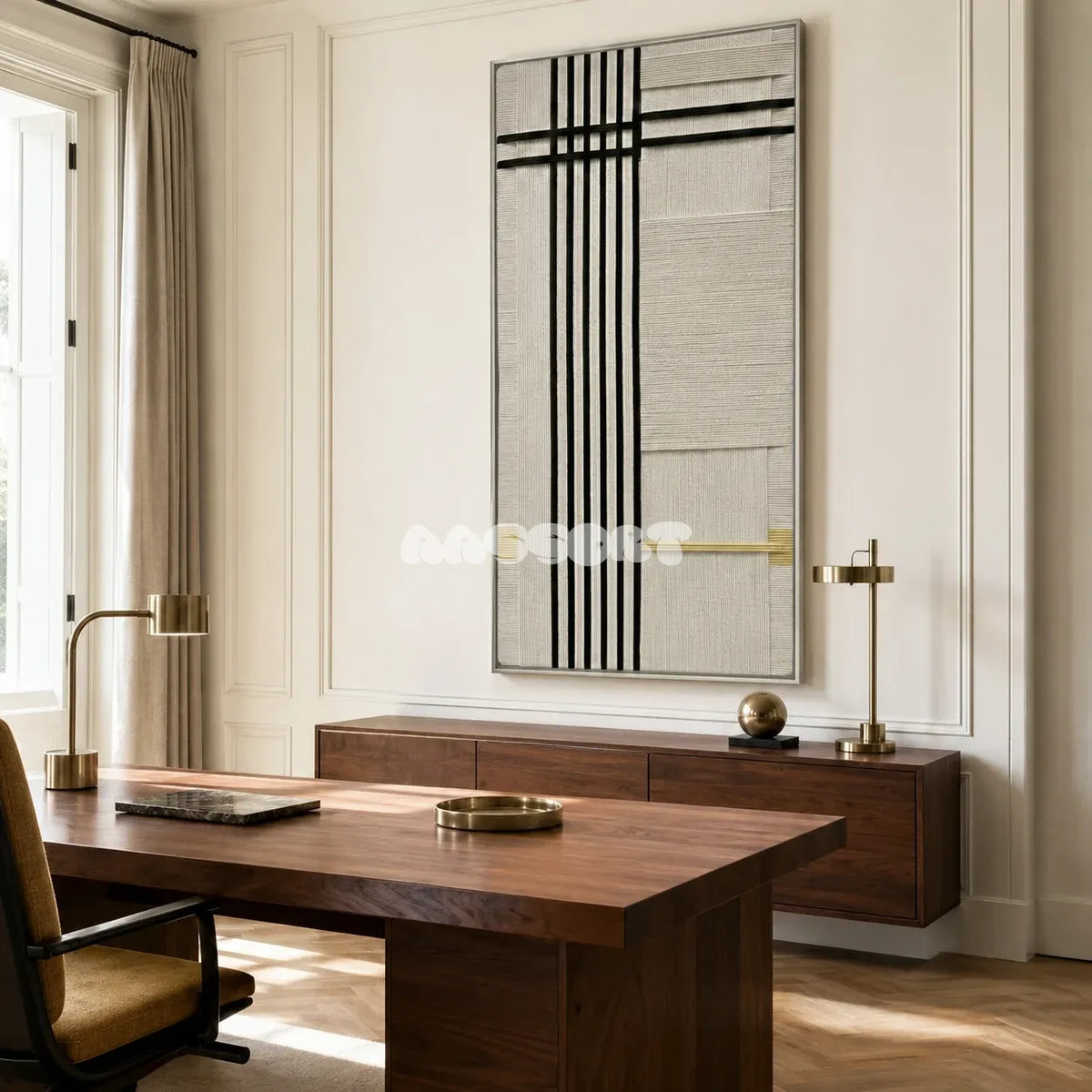 The Monologue RE020 black and cream geometric textile wall art styled as a refined focal point in a contemporary room.