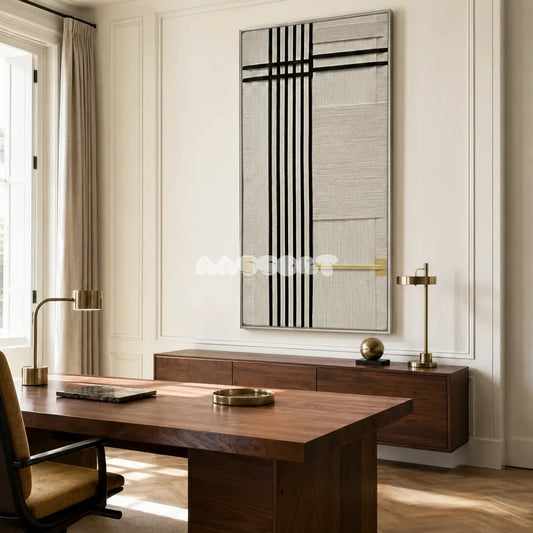 The Monologue RE020 black and cream geometric textile wall art styled as a refined focal point in a contemporary room.