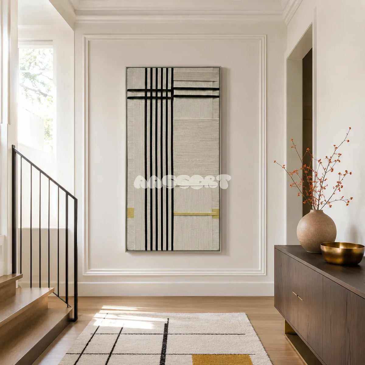 The Monologue RE020 soft cotton cord wall art displayed in an elegant modern home setting with a monochrome palette.