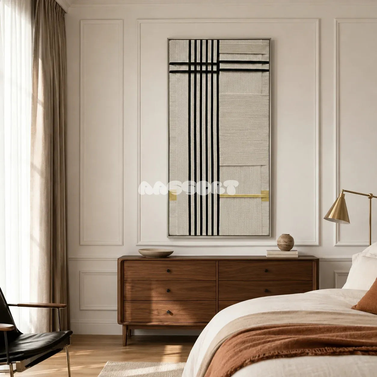 The Monologue RE020 abstract minimalist textile artwork with rhythmic black bands presented in a stylish contemporary interior.