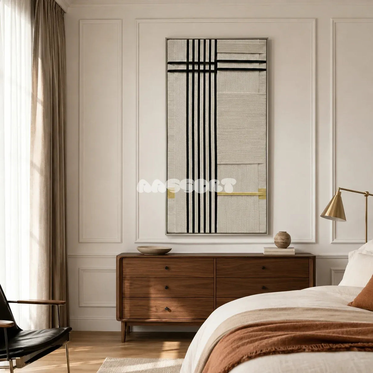 The Monologue RE020 abstract minimalist textile artwork with rhythmic black bands presented in a stylish contemporary interior.