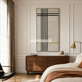 The Monologue RE020 abstract minimalist textile artwork with rhythmic black bands presented in a stylish contemporary interior.
