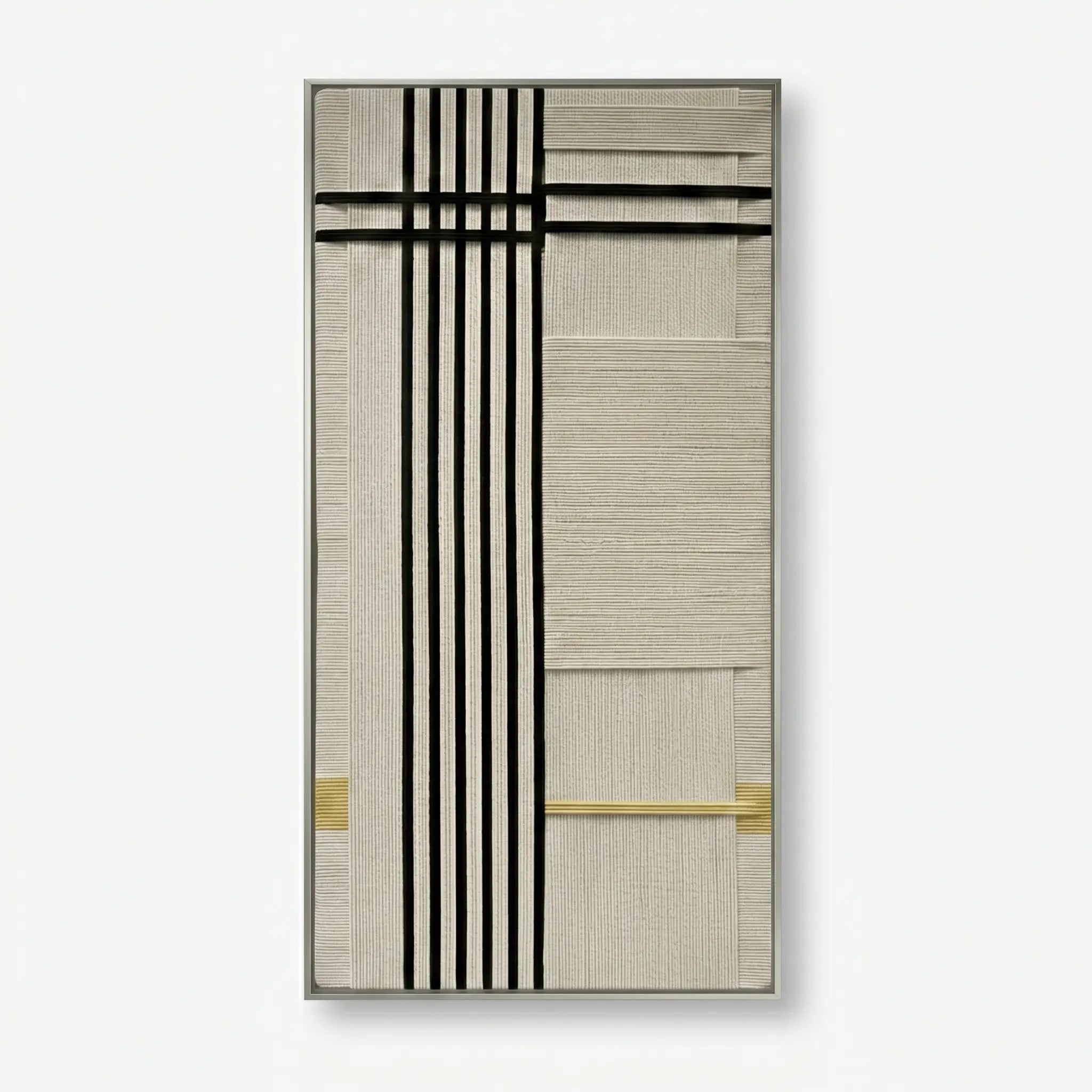 Front view of The Monologue RE020 black, cream, and ochre geometric textile wall art in a sleek metal frame on a white background.