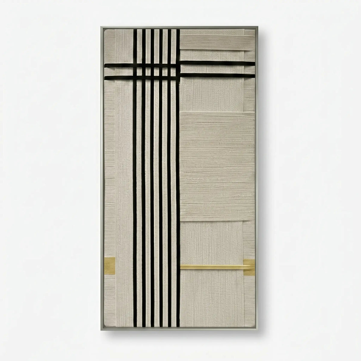 Front view of The Monologue RE020 black, cream, and ochre geometric textile wall art in a sleek metal frame on a white background.