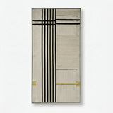 Front view of The Monologue RE020 black, cream, and ochre geometric textile wall art in a sleek metal frame on a white background.