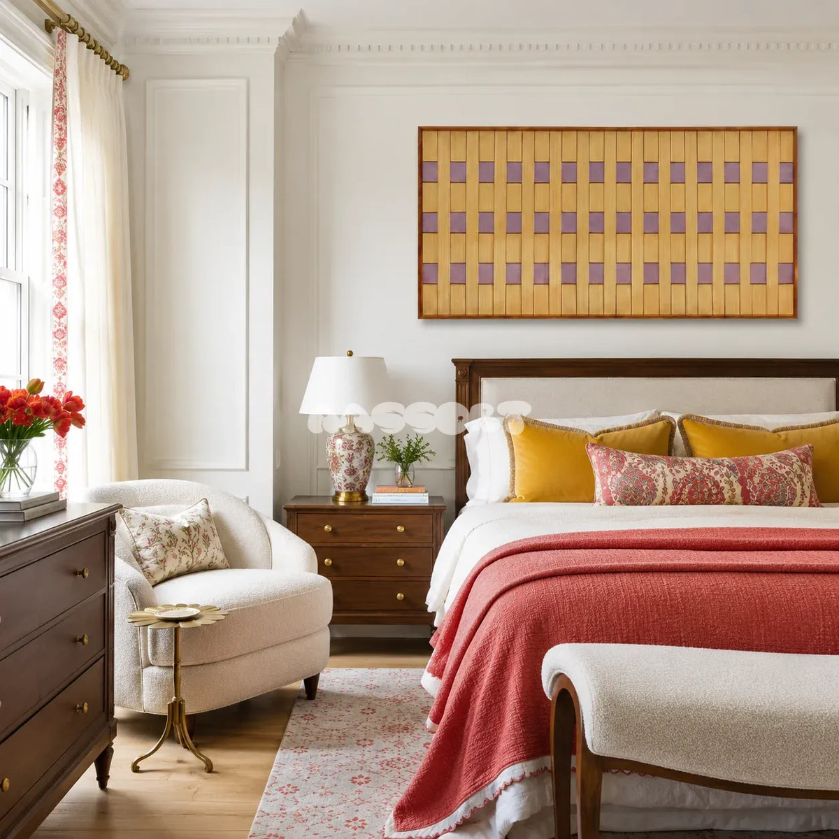 Lavender Fields RE021 yellow and lavender geometric textile wall art styled above a wide contemporary living space.