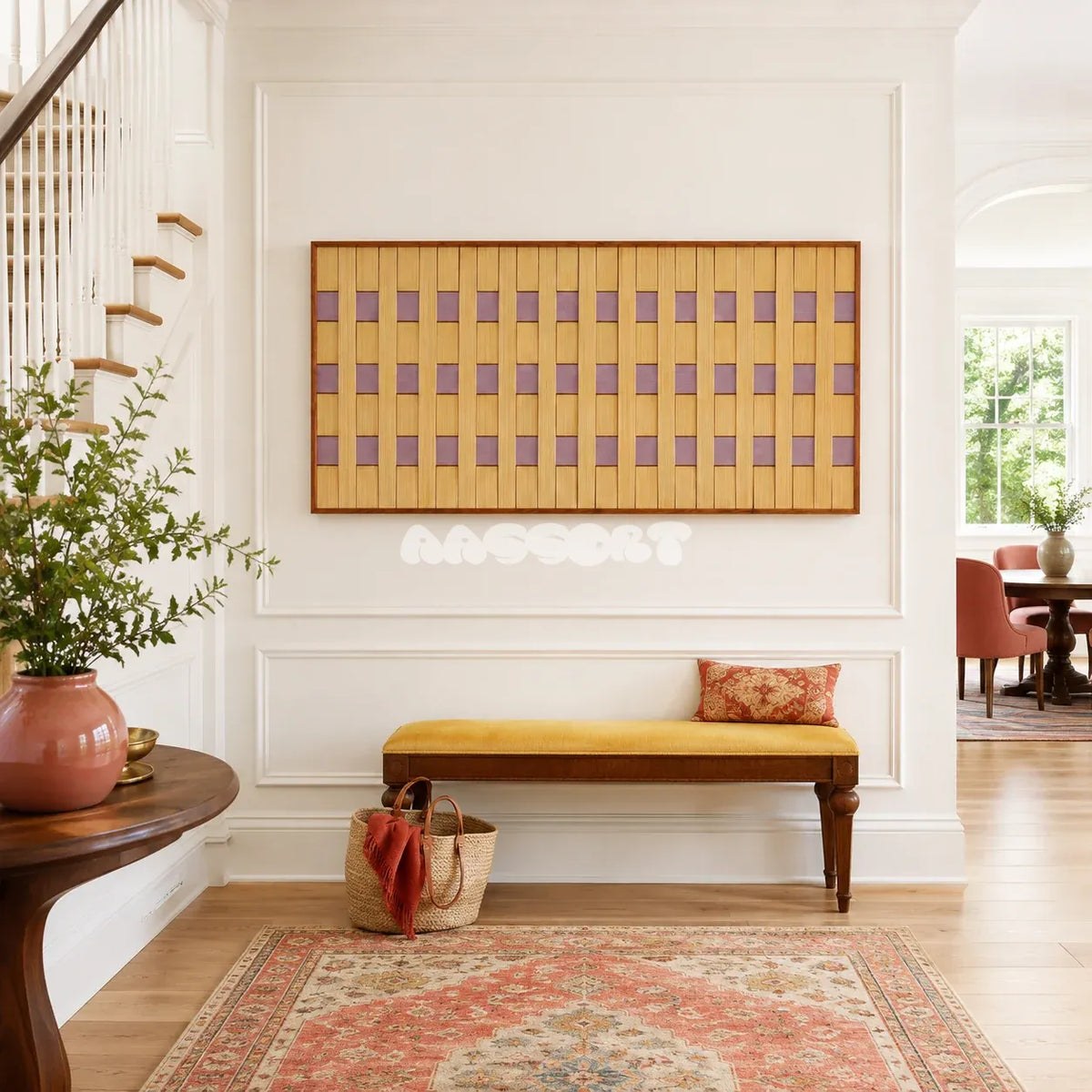 Lavender Fields RE021 framed fiber artwork featuring a panoramic checkerboard of golden straw and lavender yarn.