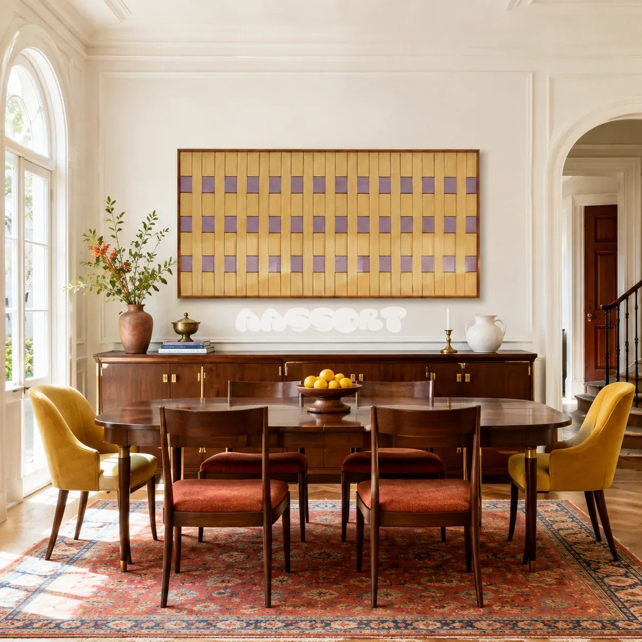 Lavender Fields RE021 abstract panoramic textile artwork with rhythmic yellow and lavender blocks presented in a stylish interior.