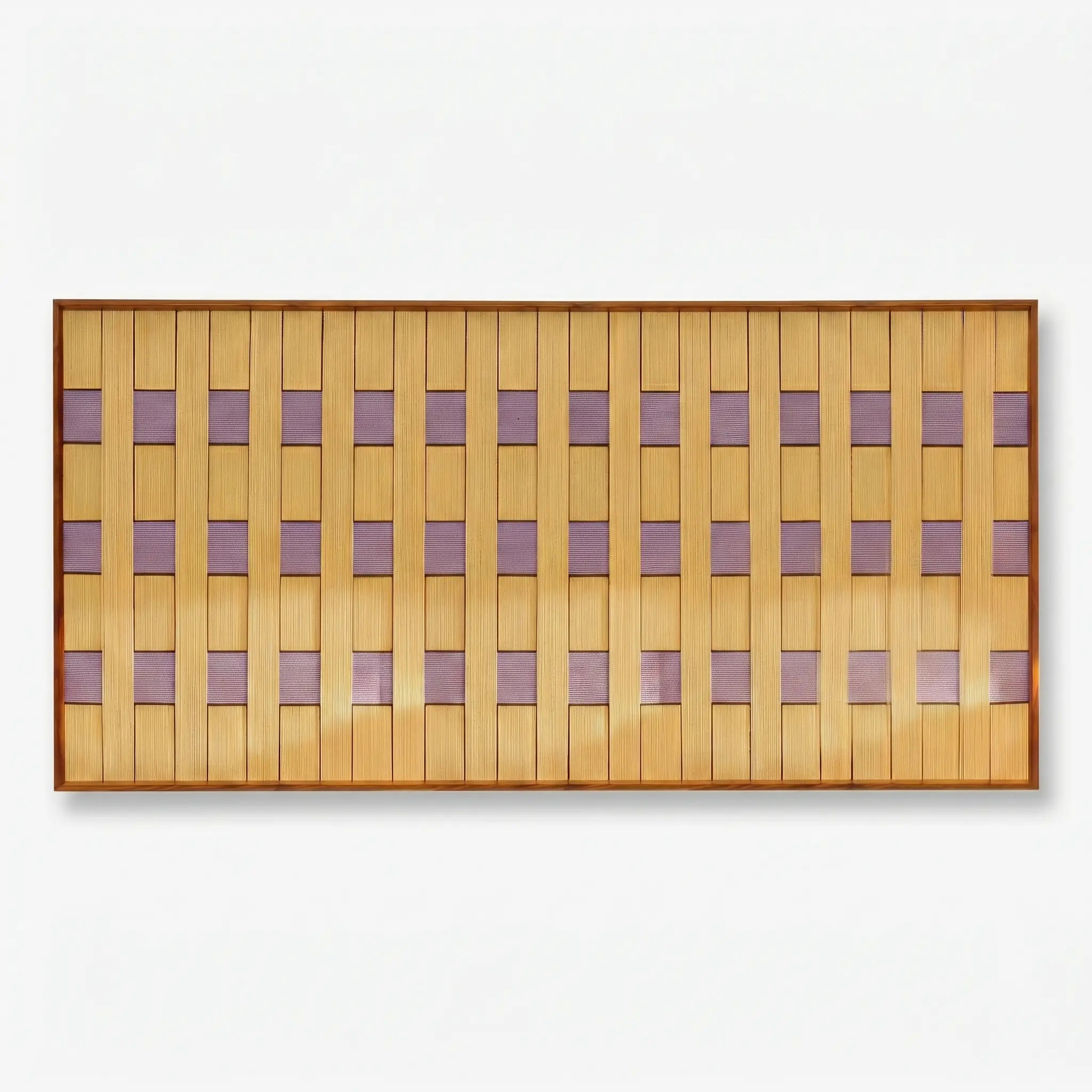 Front view of Lavender Fields RE021 golden yellow and lavender panoramic textile wall art in a sleek frame on a white background.
