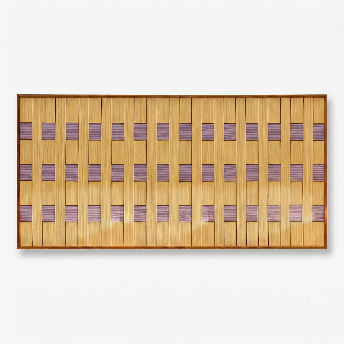 Front view of Lavender Fields RE021 golden yellow and lavender panoramic textile wall art in a sleek frame on a white background.