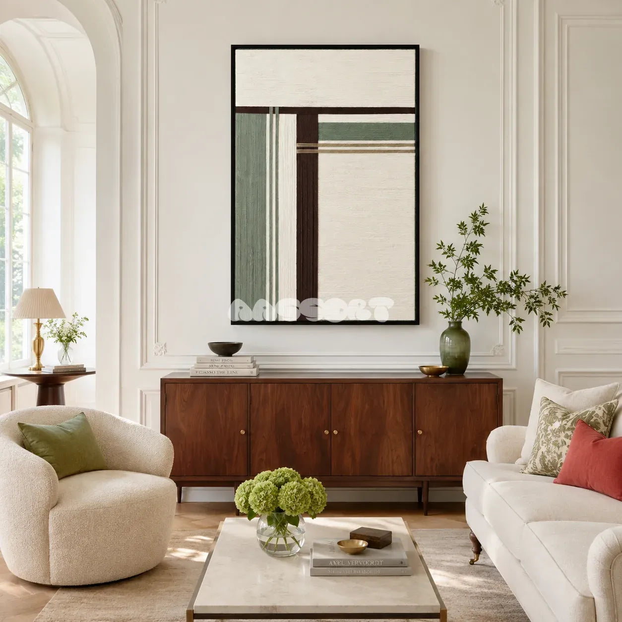Forest Ruins RE022 framed textile art with off-white, sage green, khaki, and deep espresso geometric yarn displayed in a modern interior.
