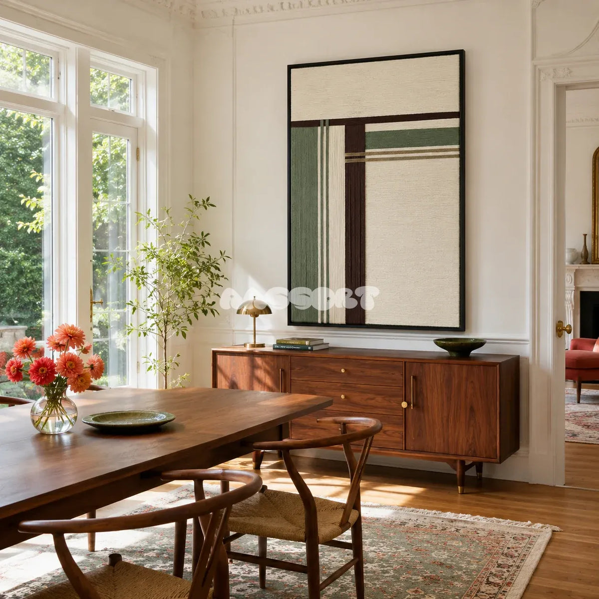 Forest Ruins RE022 earth-tone geometric textile wall art styled as a calm focal point in a contemporary room.