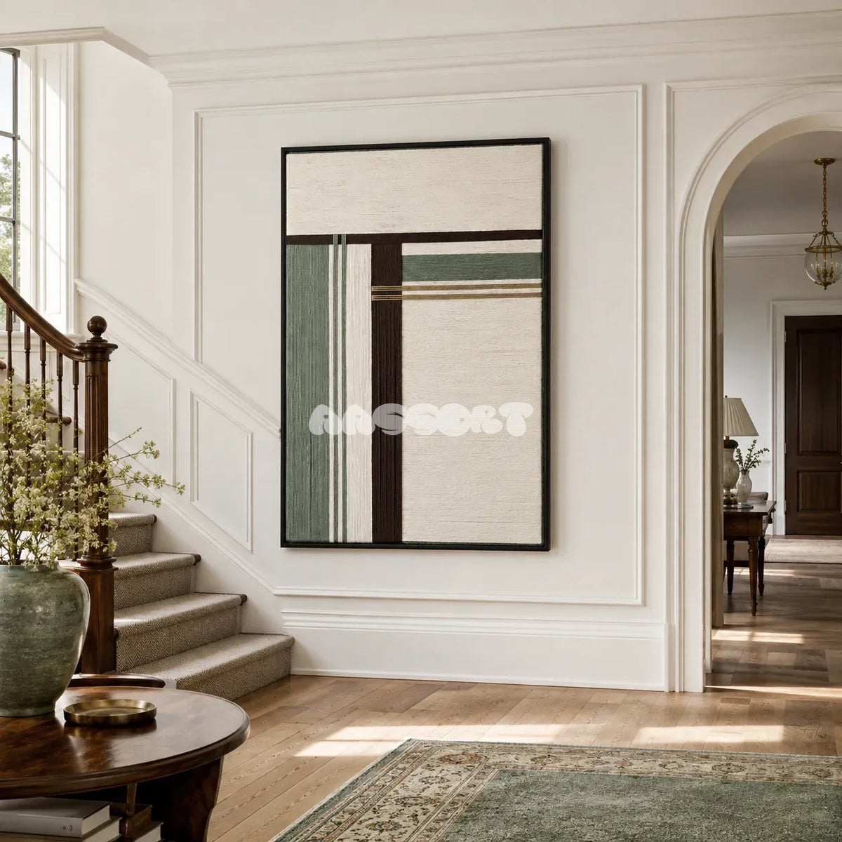 Forest Ruins RE022 soft cotton cord wall art displayed in a refined Japandi-inspired home setting.