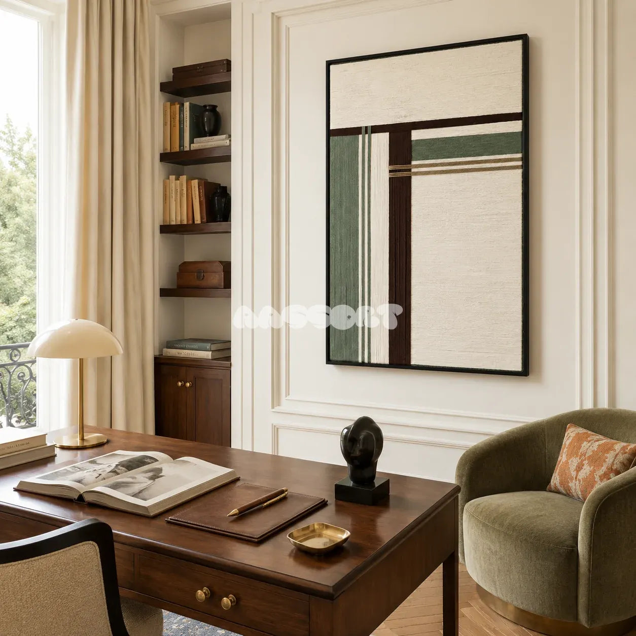 Forest Ruins RE022 abstract textile artwork with architectural earth-tone blocks presented in a stylish contemporary interior.