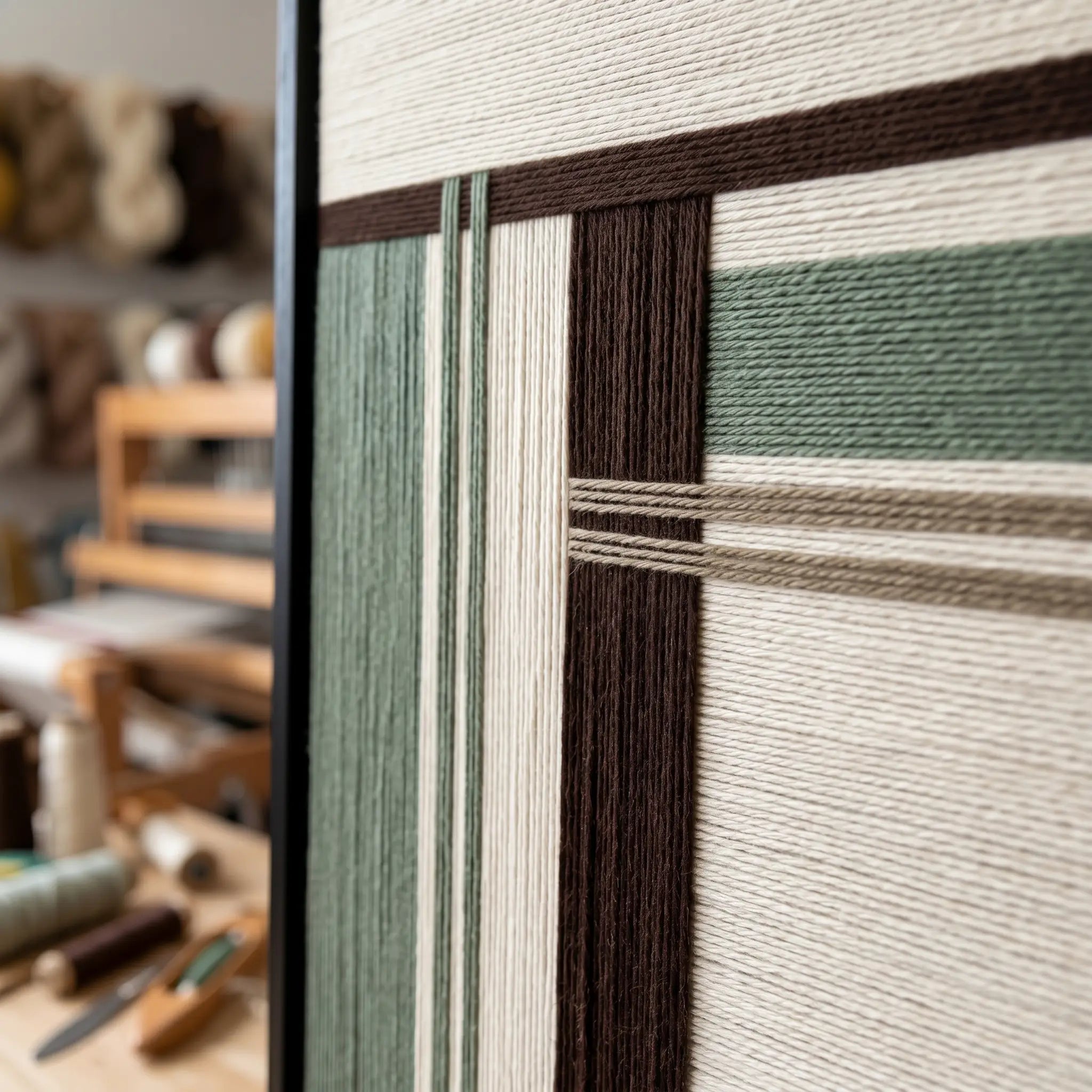 Close-up of Forest Ruins RE022 textile art showing layered sage green, cream, khaki, and espresso soft cotton cord.