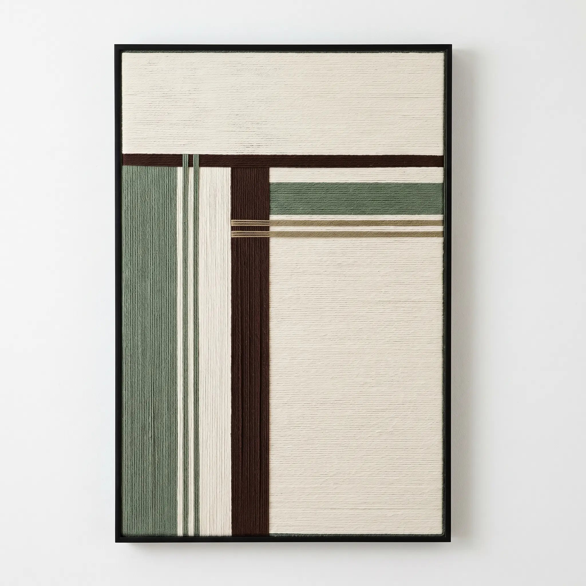 Front view of Forest Ruins RE022 sage green, brown, and cream geometric textile wall art in a black frame on a white background.