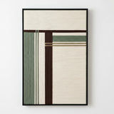 Front view of Forest Ruins RE022 sage green, brown, and cream geometric textile wall art in a black frame on a white background.