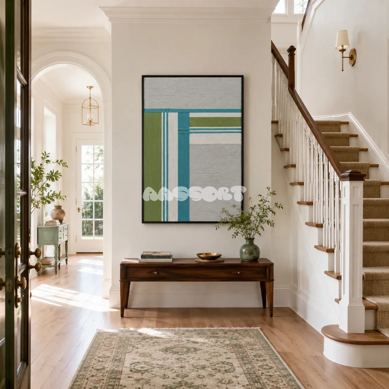 Silent Stream RE023 framed textile art with white, ash gray, teal blue, and sage green geometric yarn displayed in a modern interior.