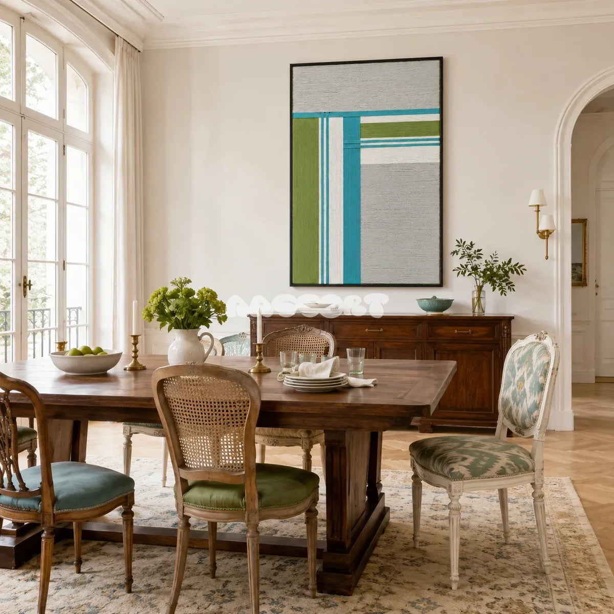 Silent Stream RE023 teal and sage geometric textile wall art styled as a restorative focal point in a contemporary room.