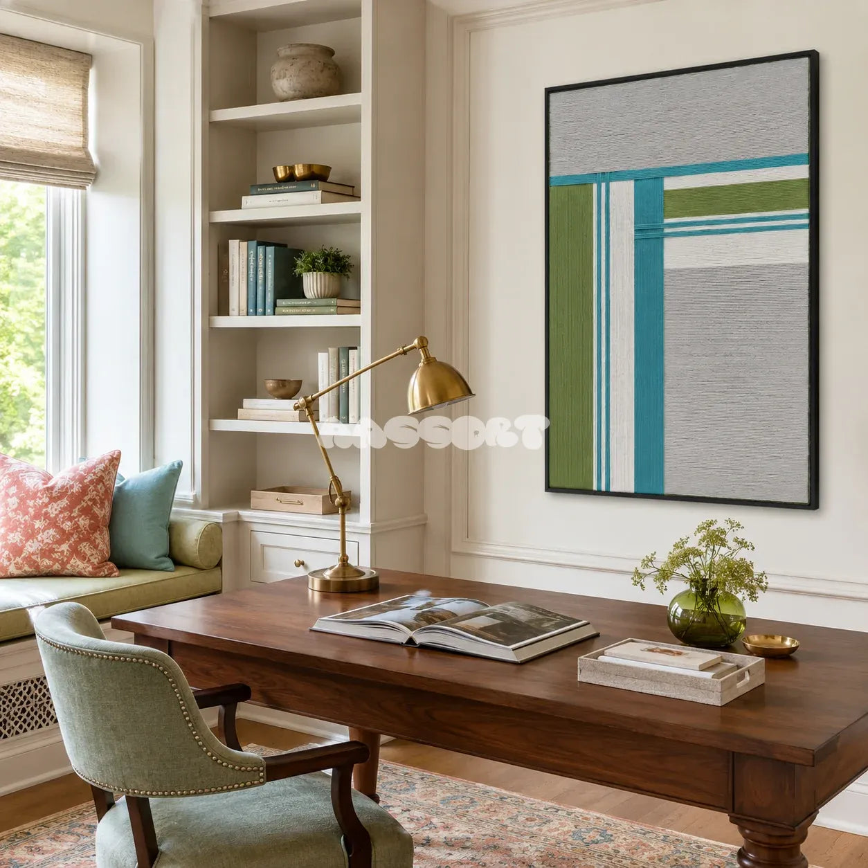 Silent Stream RE023 framed fiber artwork featuring white, gray, teal, and sage yarn structures in a light modern interior.