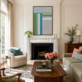 Silent Stream RE023 abstract textile artwork with rhythmic teal and sage accents presented in a stylish contemporary interior.