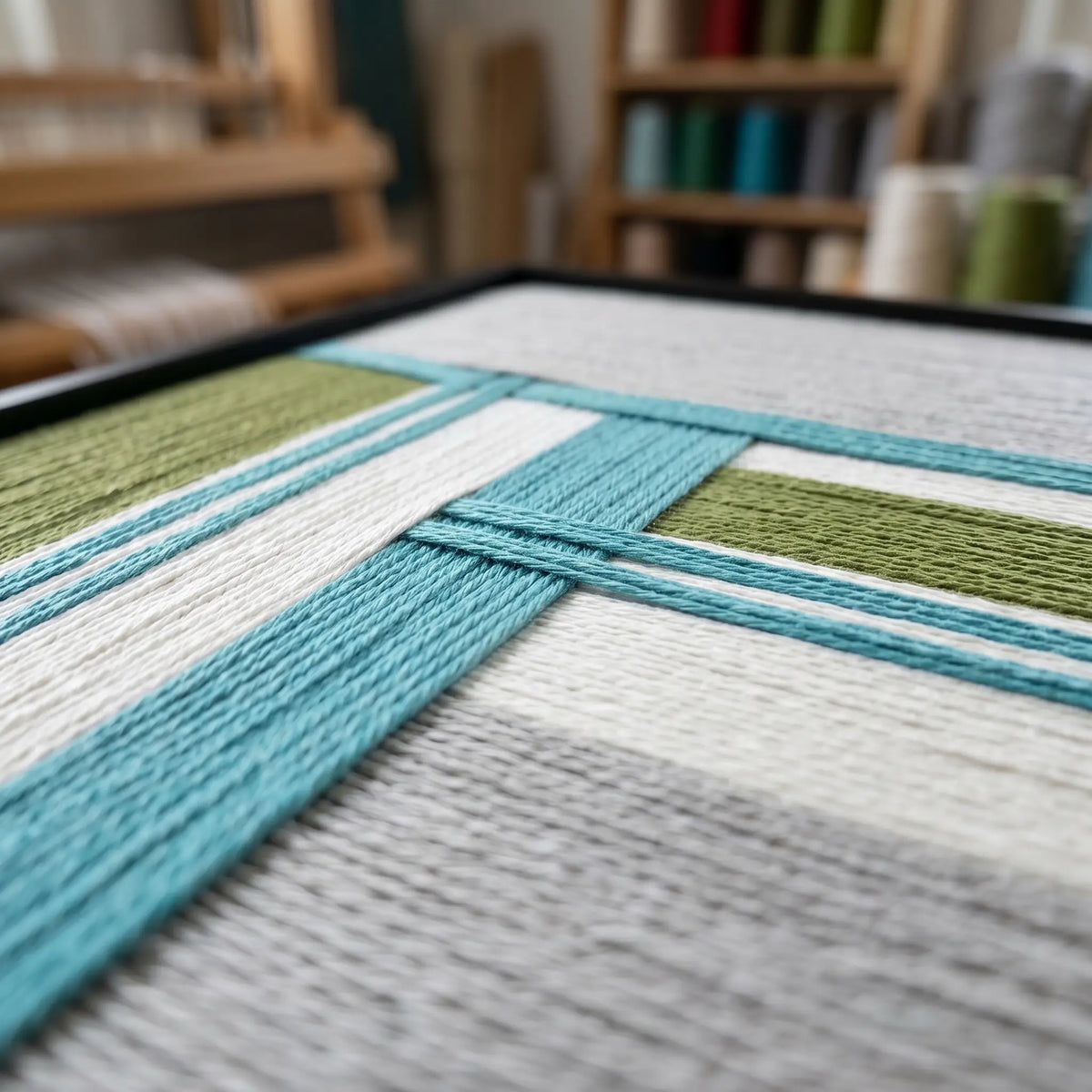 Angled close-up of Silent Stream RE023 textile art highlighting its intricate soft cotton cord and layered geometric texture.