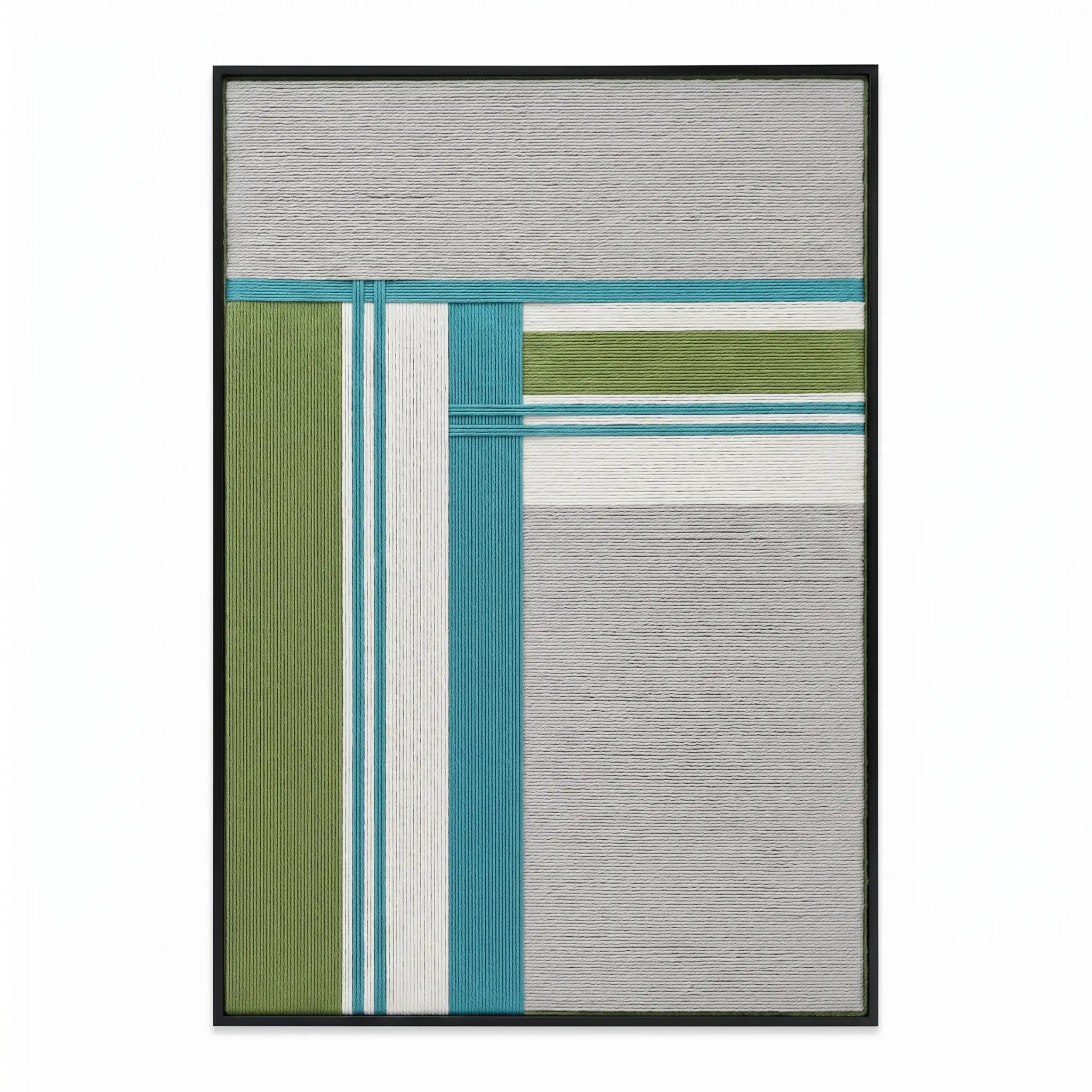 Front view of Silent Stream RE023 white, gray, teal, and sage geometric textile wall art in a black frame on a white background.