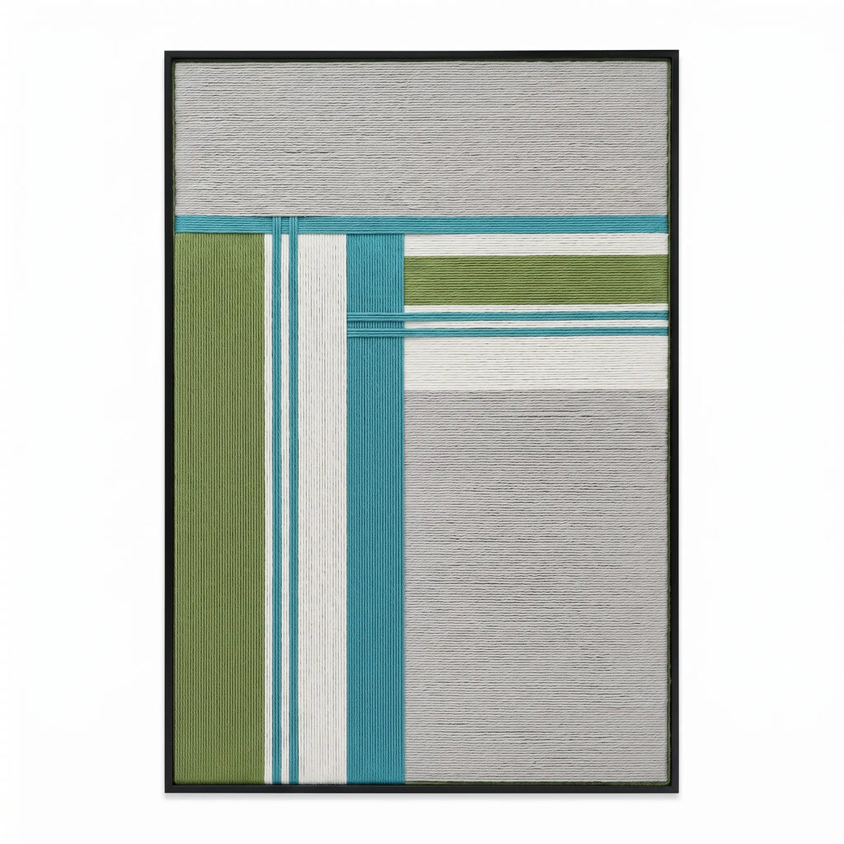 Front view of Silent Stream RE023 white, gray, teal, and sage geometric textile wall art in a black frame on a white background.