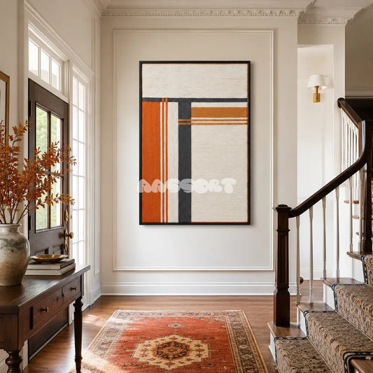 Sunset Construct RE024 framed textile art with off-white, burnt orange, ochre, and charcoal geometric yarn displayed in a modern interior.