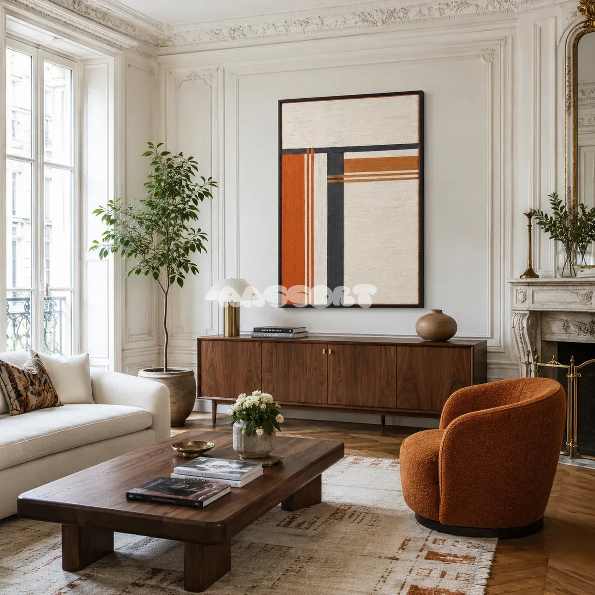 Sunset Construct RE024 soft cotton cord wall art displayed in a refined home setting with radiant sunset colors.