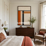 Sunset Construct RE024 abstract textile artwork with layered architectural forms presented in a stylish contemporary interior.