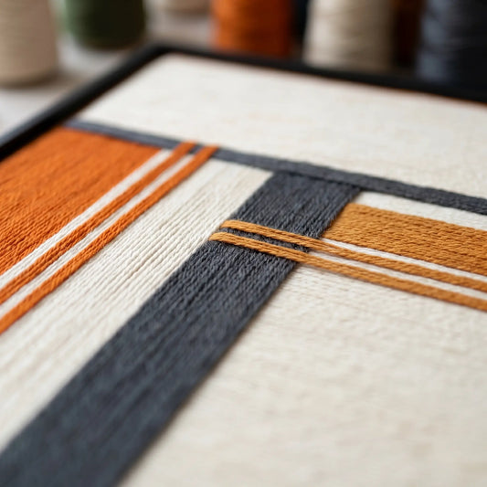 Angled close-up of Sunset Construct RE024 textile art highlighting its soft cotton cord texture and intricate geometric layers.